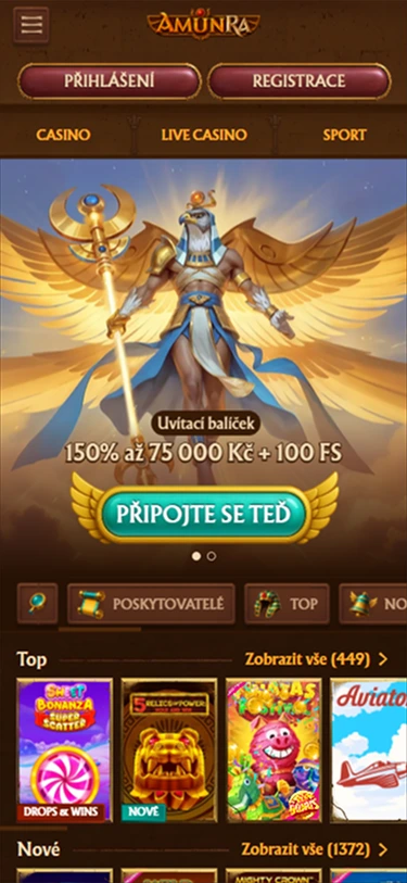 Uvítací balíček AmunRa Casino – 150 % až 75 000 Kč + 100 FS