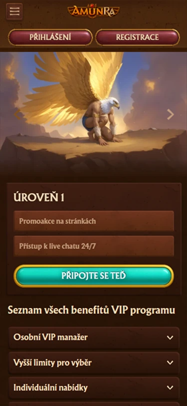 AmunRa Casino – VIP program úroveň 1 s postavou se zlatými křídly